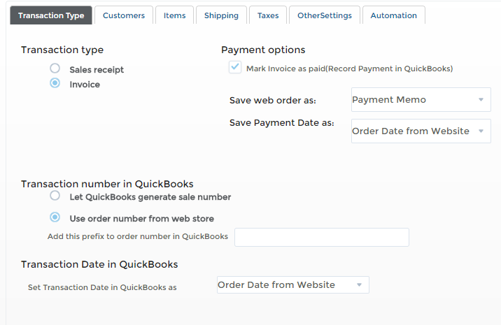 pagina Impostazioni in T-Hub per l'esportazione ordini per Quickbooks