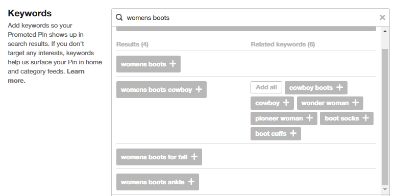 Pinterest Ads: Related keywords 