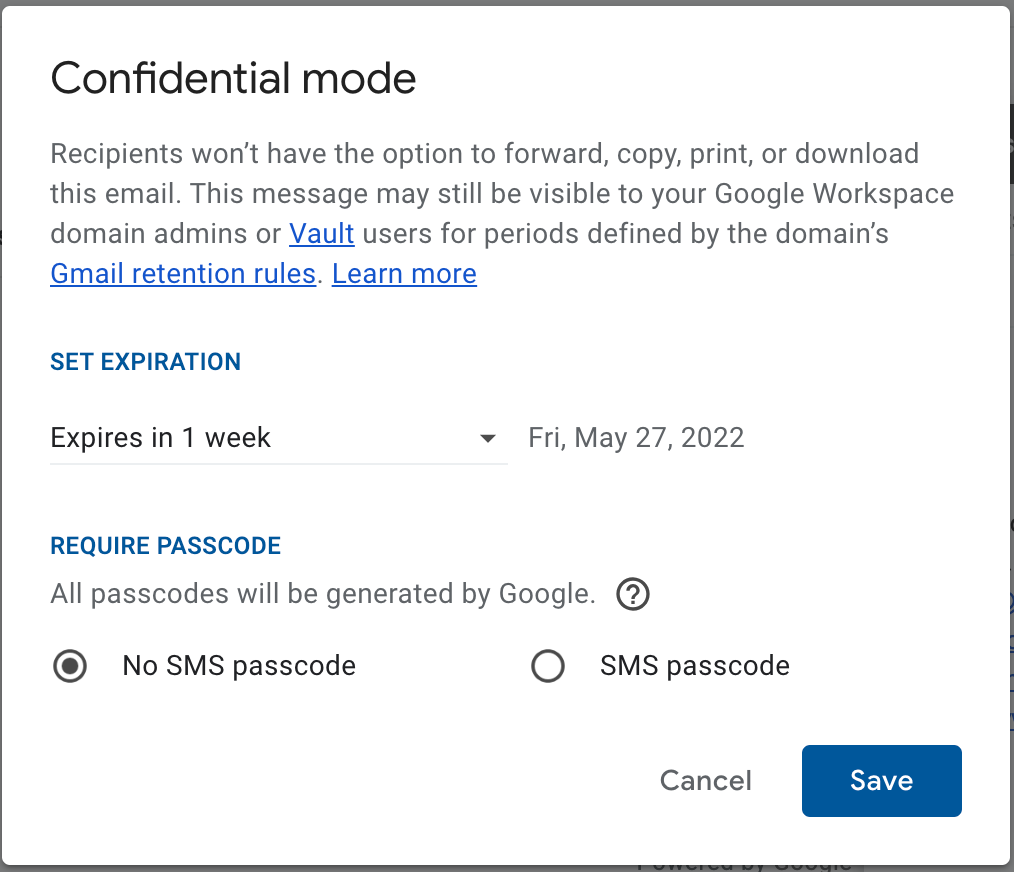 Confidential mode in Gmail