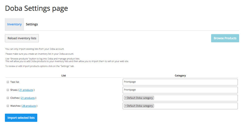 Doba settings page in Ecwid