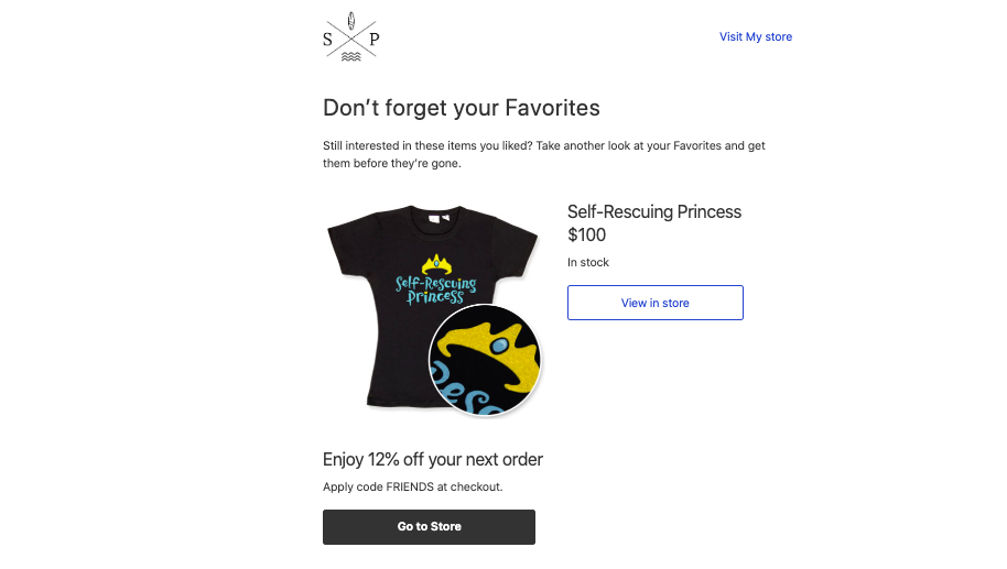 This image shows a sample of automated email in Ecwid that offers customers to shop their favorites