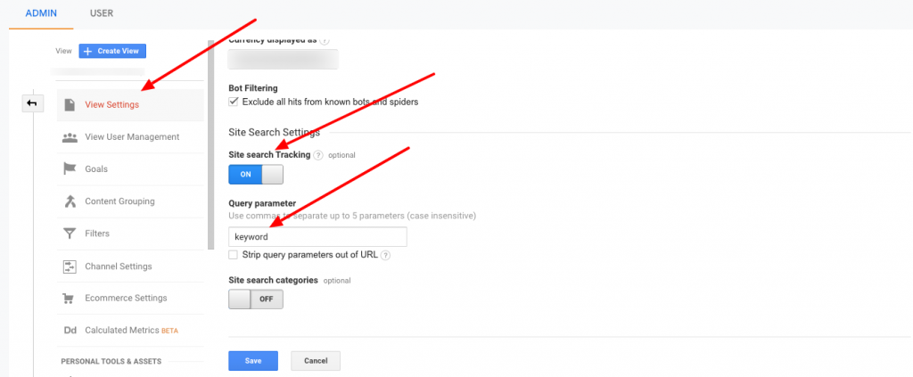 Google Analytics On-site Search Settings