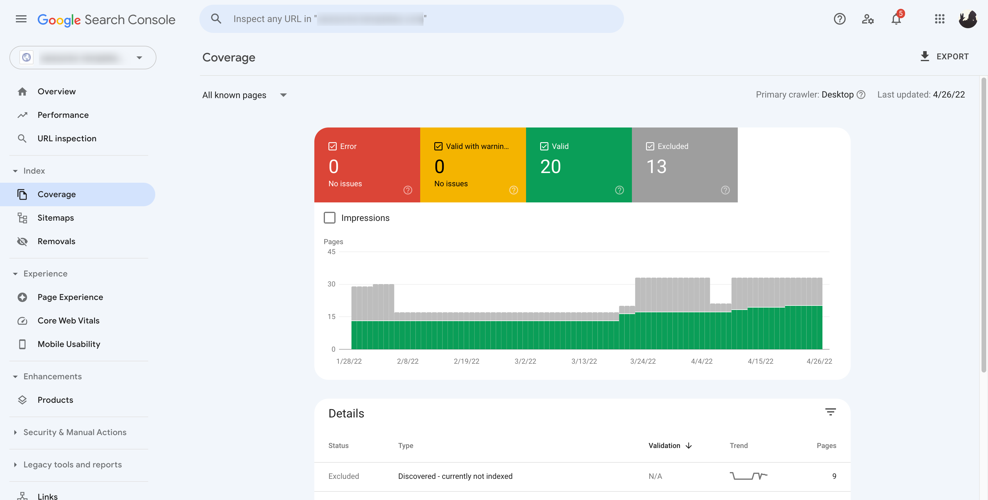 รายงานความครอบคลุมของ Google Search Console