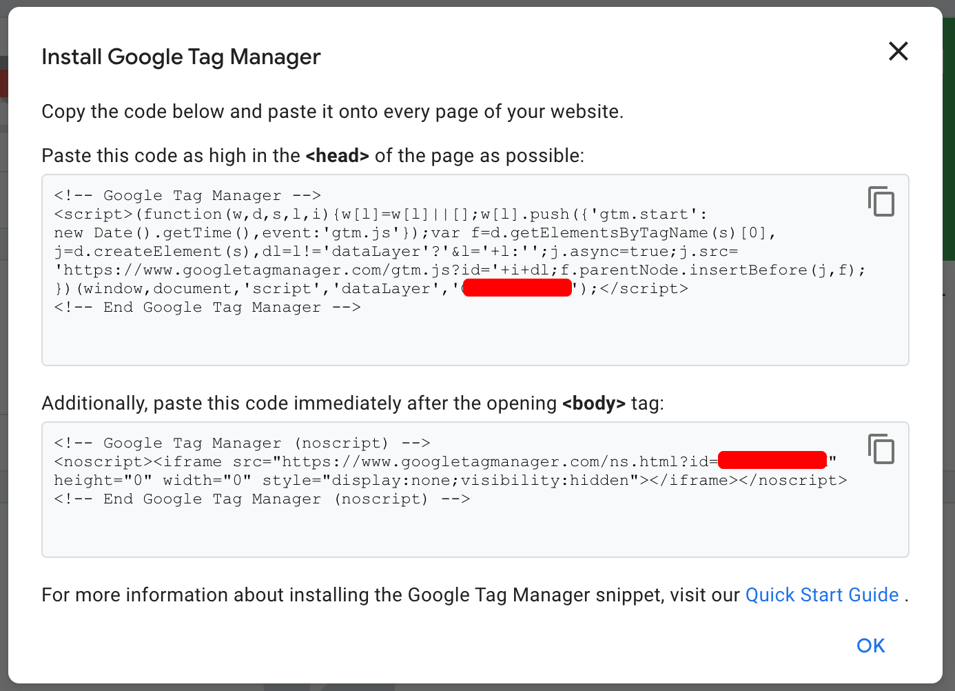 Frammento di Google Tag Manager