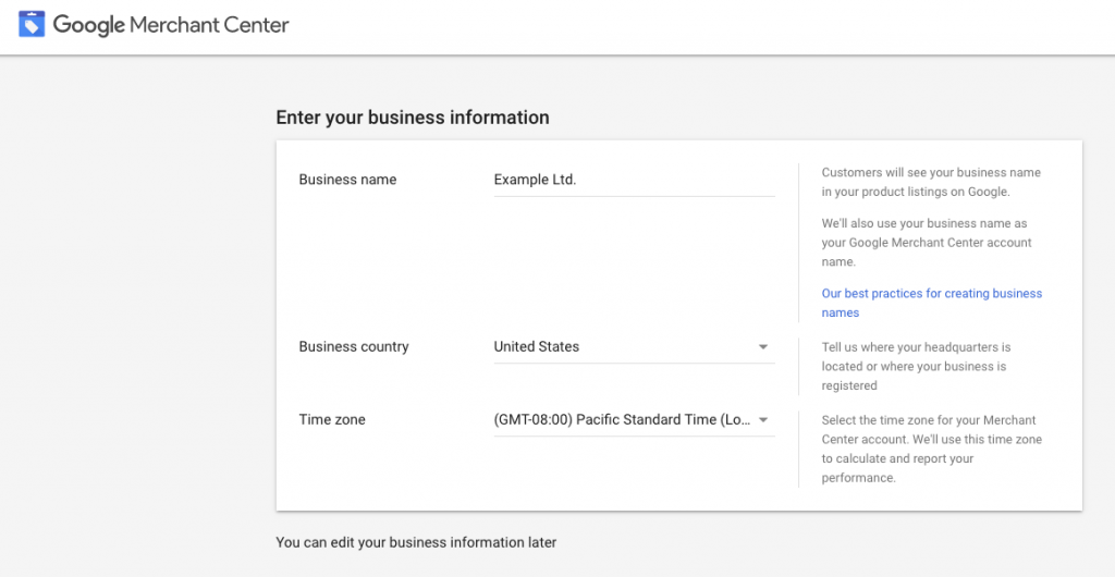 Eingabe von Geschäftsinformationen in das Google Merchant Center