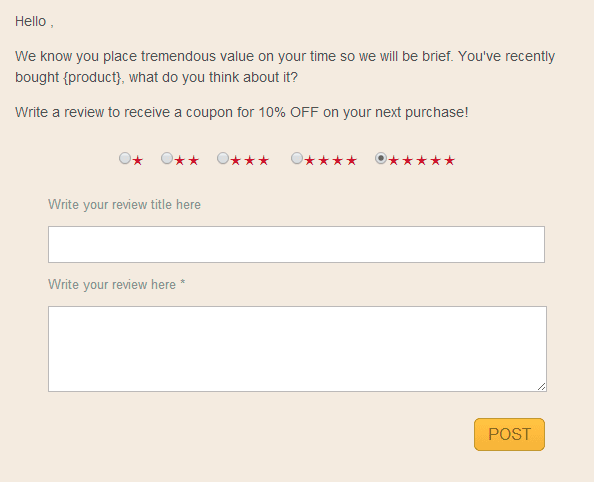 Post-purchase email from Dropcatch that requests a review inline