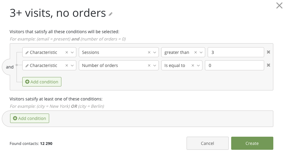 Sample settings for segmentation by visitor behavior