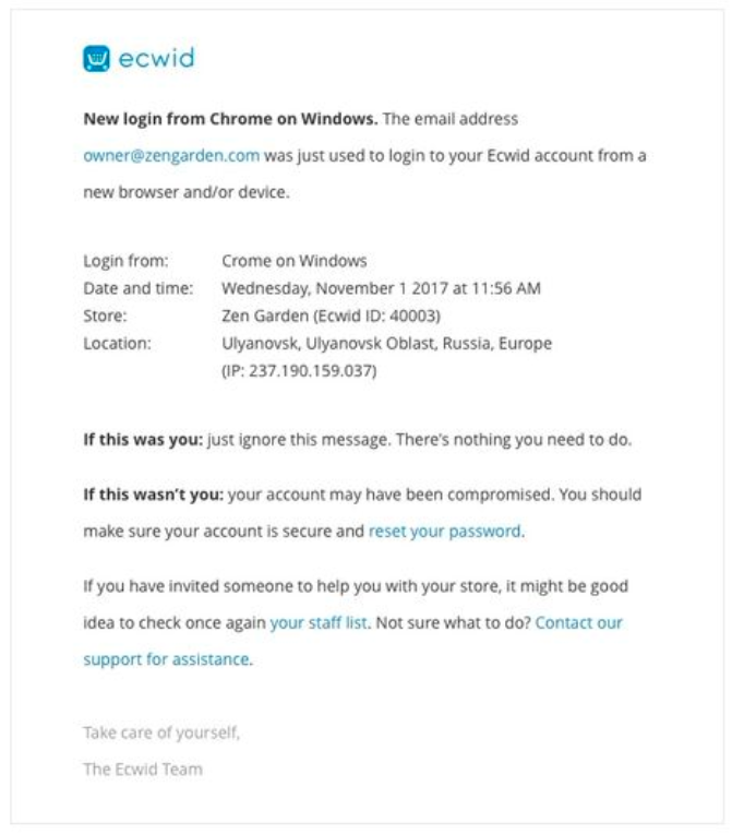 An email notification about an unexpected store login