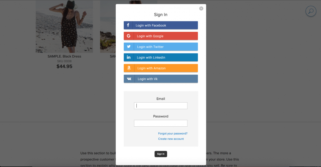 Social App Accesso a Ecwid storefront