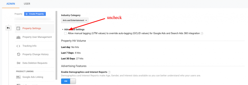 Uncheck Manual Tagging in Google Analytics