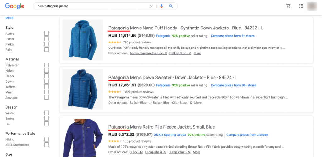 แจ็คเก็ต Patagonia สีน้ำเงิน - หน้าผลลัพธ์ของ Google Shopping