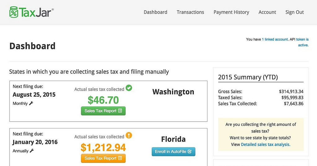 De TaxJar dashboard
