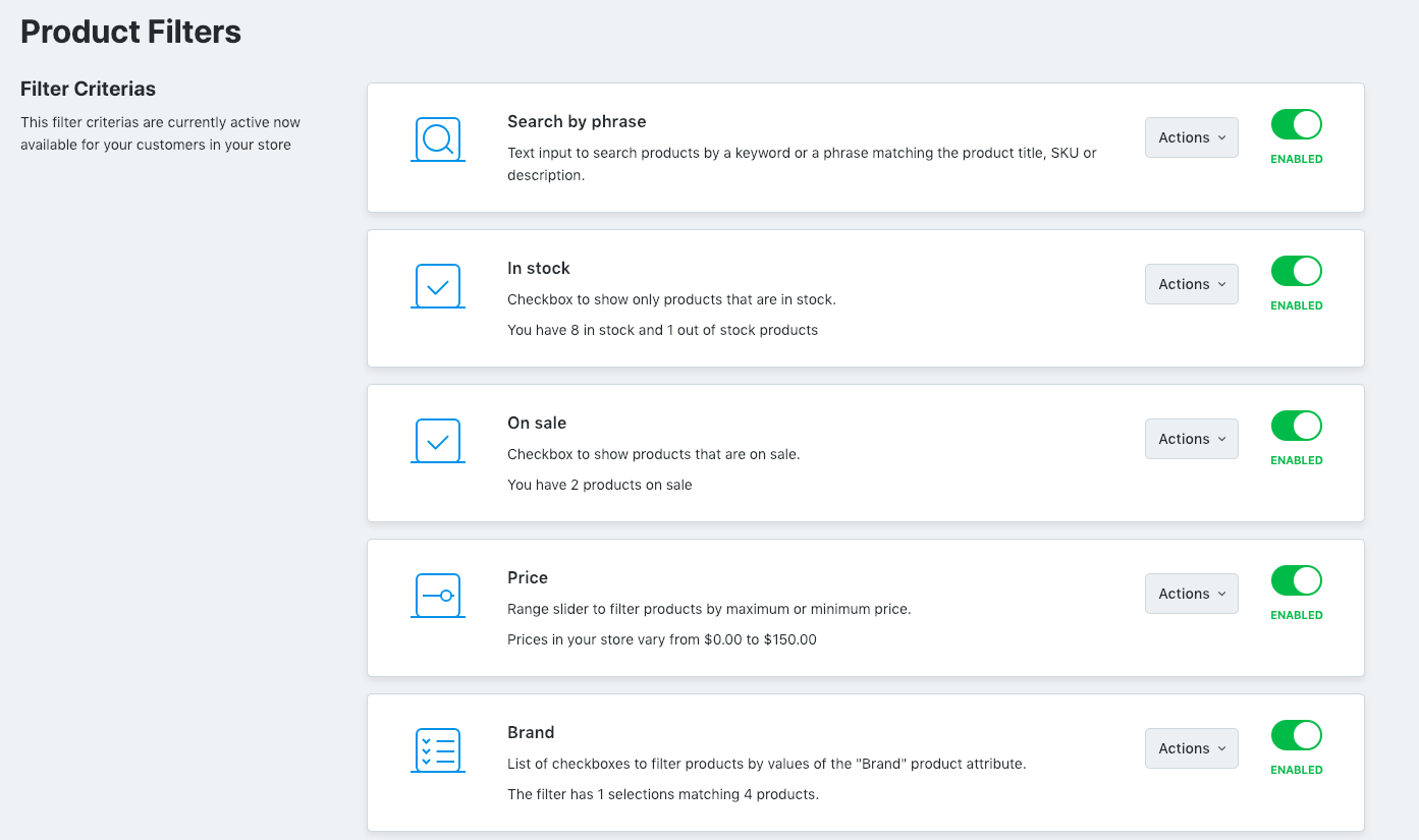 Filtros de productos de la tienda Ecwid