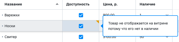 Товара нет в наличии, поэтому он не будет показываться на витрине согласно базовым настройкам этого магазина. Подсказка об этом напомнит