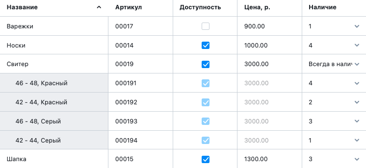 Серым цветом выделены варианты товара