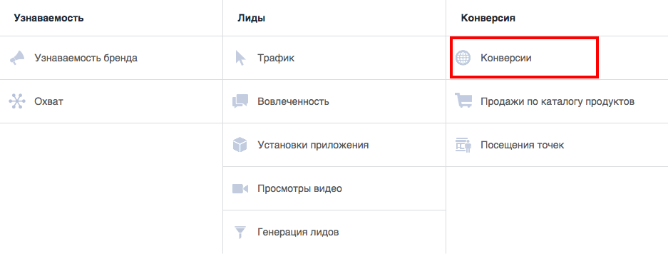 Чтобы выбрать цель «Конверсии», нужно установить на сайт пиксель Фейсбука