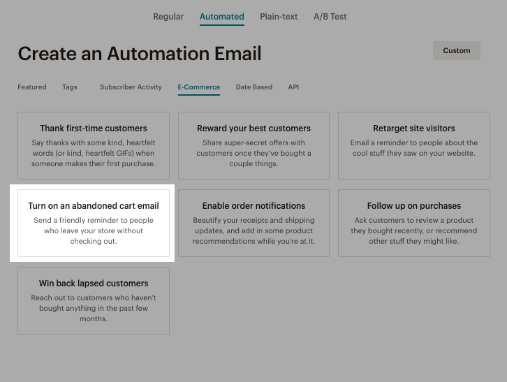 Настроить отправку напоминаний о брошенных корзинах в Mailchimp можно здесь