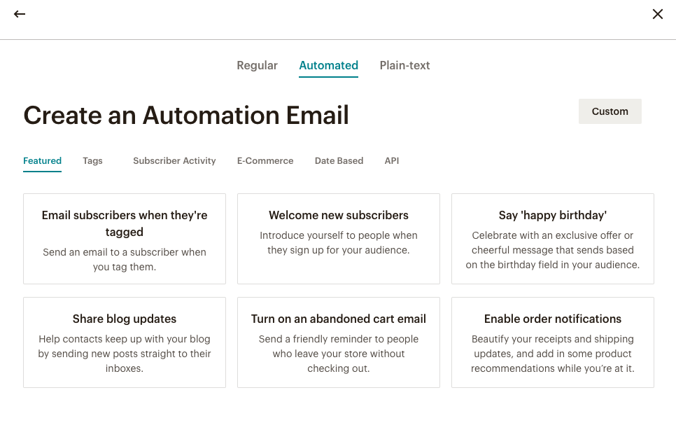 Интерфейс настройки автоматической рассылки в Mailchimp