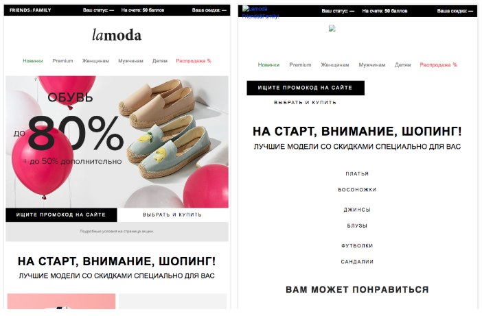 Пример комбинации картинок и текста в письме от интернет-магазина Lamoda. Даже с отключенными изображениями смысл рассылки ясен