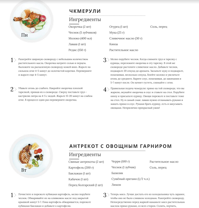 Фрагмент недельного меню домашних ужинов
