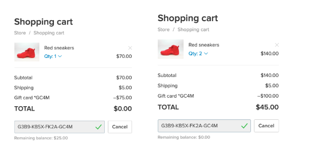 This screenshot shows Ecwid store checkout when a purchase is under gift card balance versus a purchase over the gift card balance.