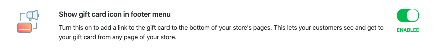 This image shows how you can add gift card link to the footer menu of your Ecwid ecommerce store in one cliick.