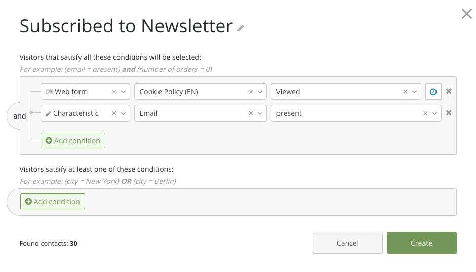 Sample settings for the segment of Newsletter subscribers