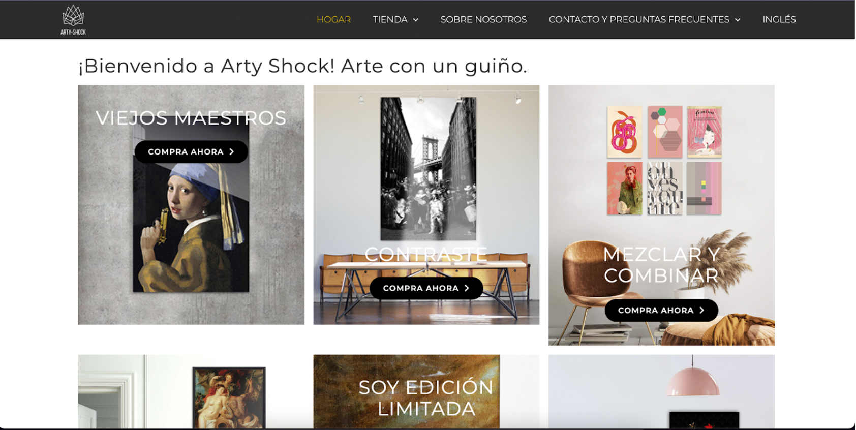 Galería de fotos con botones de compra en el sitio de Arty Shock