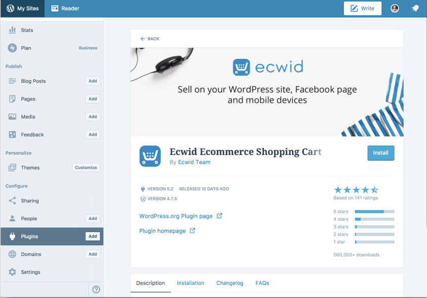 page du plugin Ecwid ouvrira où vous devez trouver le & quot; Installer" bouton et suivre les étapes supplémentaires.